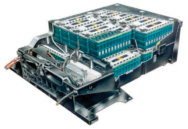 Conjunto de baterias da GM S10 1998 elétrica • 26 baterias de alta tecnologia • Peso do conjunto de baterias: 547 kg • Autonomia máxima: 112 km • Tempo de recarga: 5-6 horas