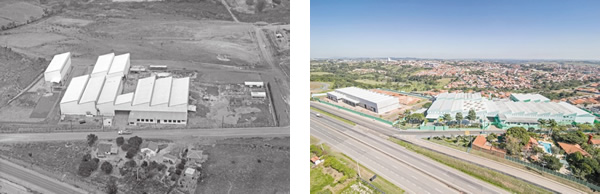 Fábrica na década de 1980 (esquerda) e em 2015 (direita), em Porto Feliz (SP)