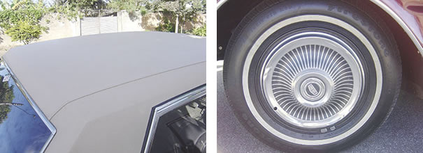 O teto de vinil areia opcional conferia um visual mais sofisticado e exclusivo ao Galaxie 500 / Pneus de faixa branca e grandes calotas cromadas eram marcas registradas do grande sedã da Ford 